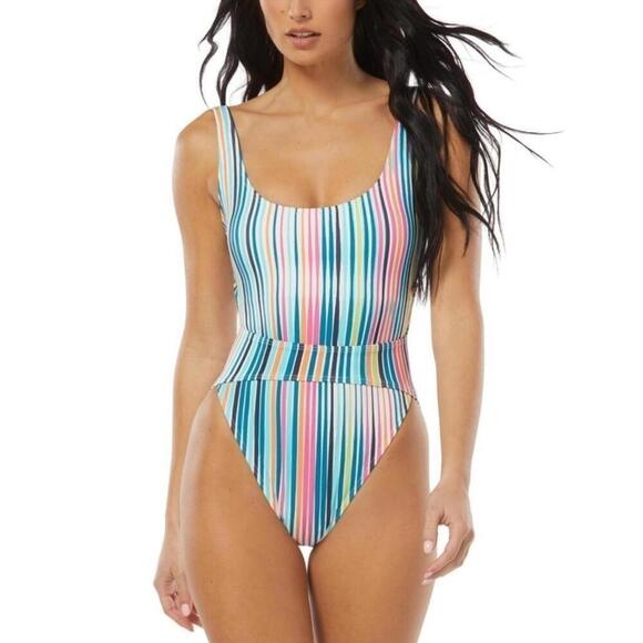 Vince Camuto Striped Women's High-Leg Cut-Out One-Piece Swimsuit swimwear 10 New - Picture 3 of 12